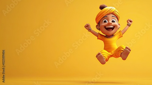 A cheerful 3D Indian cartoon character jumping in joy, with ample space for text.