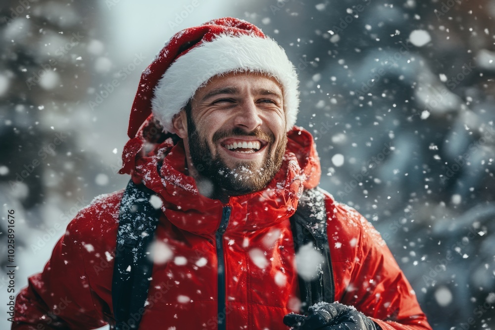 Man in a red jacket and a santa hat is smiling in snow. Concept of joy and happiness, as the man is enjoying winter weather atmosphere. young smiling man in red jacket and santa hat running in winter Man in a red jacket and a santa hat is smiling in snow. Concept of joy and happiness, as the man is enjoying winter weather atmosphere. young smiling man in red jacket and santa hat running in winter