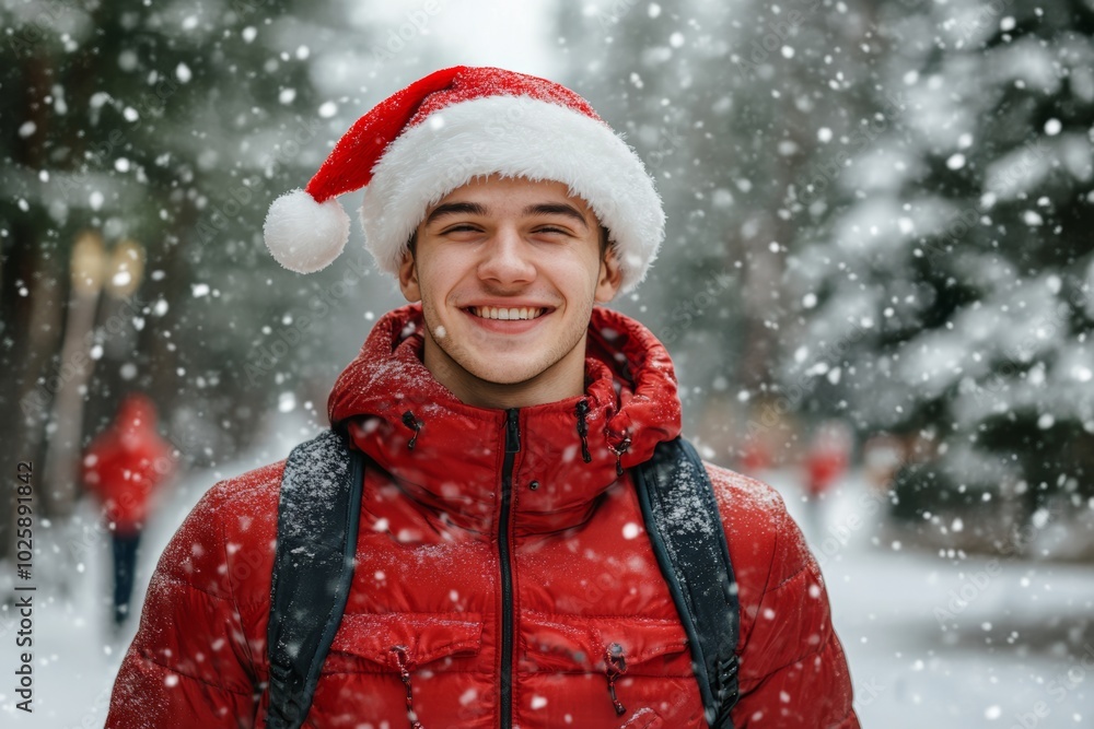 Man in a red jacket and a santa hat is smiling in snow. Concept of joy and happiness, as the man is enjoying winter weather atmosphere. young smiling man in red jacket and santa hat running in winter Man in a red jacket and a santa hat is smiling in snow. Concept of joy and happiness, as the man is enjoying winter weather atmosphere. young smiling man in red jacket and santa hat running in winter
