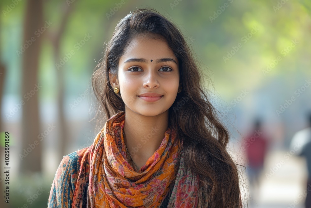 Young woman with long brown hair is smiling and wearing a gray shirt and black backpack. She is standing in a park with trees in the background. Young Indian girl walking on the college campus Young woman with long brown hair is smiling and wearing a gray shirt and black backpack. She is standing in a park with trees in the background. Young Indian girl walking on the college campus