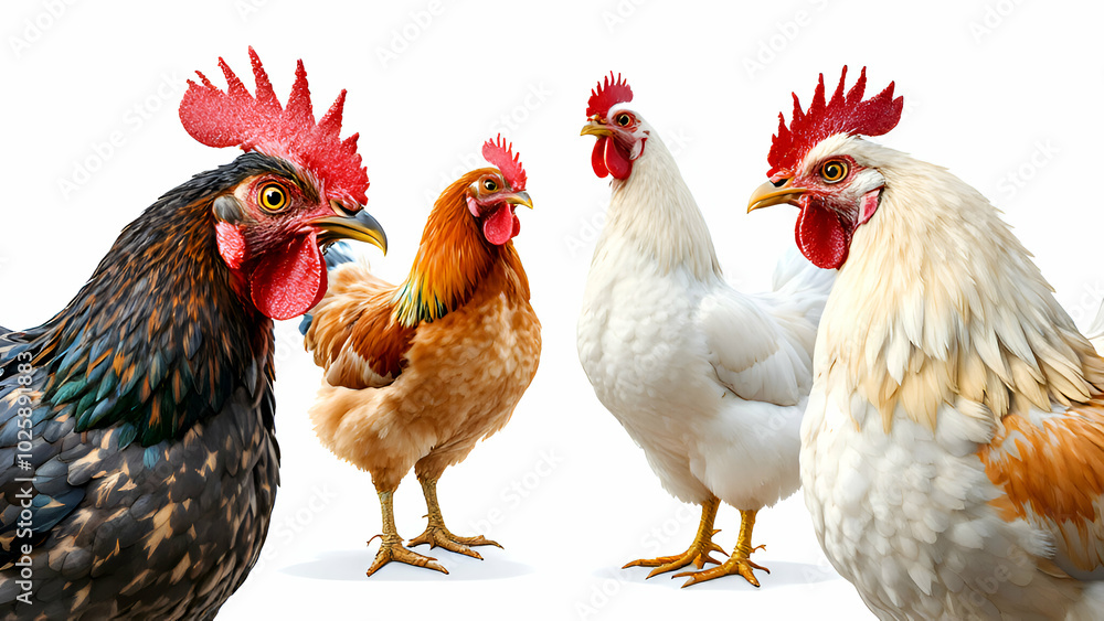 Fototapeta premium Rooster and hen isolated on white abstract background.