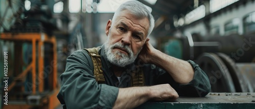 A pensive elderly man in work attire leans on a machine in an industrial setting, embodying experience and thoughtful introspection.