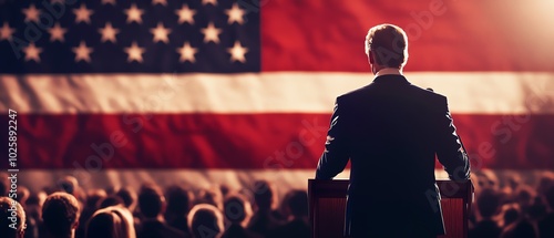 Leader speaking before an American flag photo