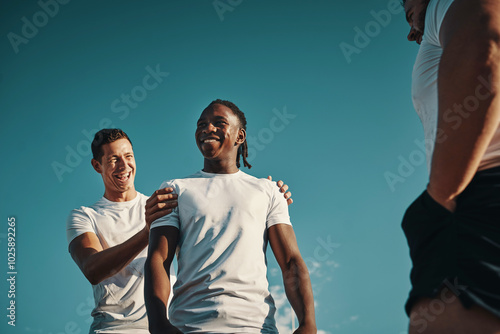 Fitness, rugby and sports with team of people outdoor together for competition or challenge success. Exercise, performance and well done with happy player group on sky for start of game or match photo