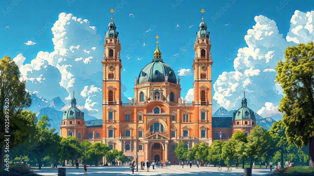 Fototapeta premium Frauenkirche, Munich. Cathedral of Our Dear Lady. Flat style illustration