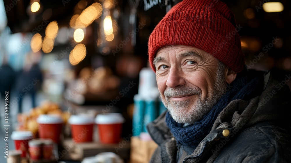 Man wearing red hat, blue scarf is smiling at camera. He is standing in front of a counter with several cups and a bowl. winter, new year, market stall with coffee and hot tea, seller in a red hat, Man wearing red hat, blue scarf is smiling at camera. He is standing in front of a counter with several cups and a bowl. winter, new year, market stall with coffee and hot tea, seller in a red hat,
