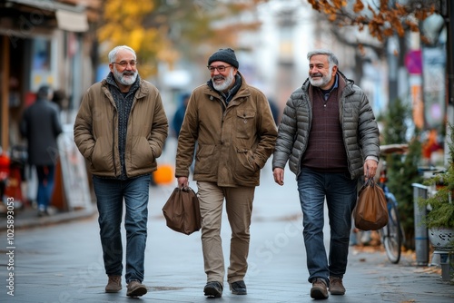 Three men walking down a street in the rain, one of them carrying a bag. Scene is somewhat melancholic, wide angle shot, full body with legs, three 45 years men are walking in Street, happy atmosphere photo