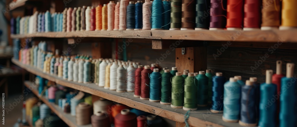 Shelves filled with assorted spools of thread exhibit a rich palette, resonating creativity and dedication to textile endeavors. Shelves filled with assorted spools of thread exhibit a rich palette, resonating creativity and dedication to textile endeavors.