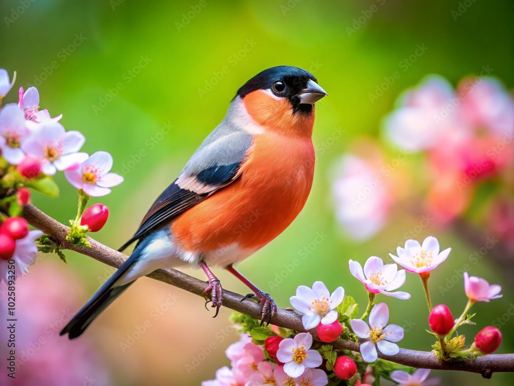 One-Legged Female Bullfinch in Spring, Bokeh Effect, Yorkshire, UK One-Legged Female Bullfinch in Spring, Bokeh Effect, Yorkshire, UK