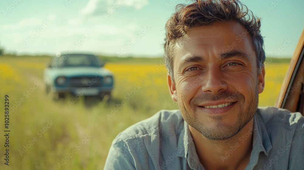 Man with big smile is standing in front of a black car. The car is parked on a hill, and the man is looking at the camera. ace of man he smiles, beautiful landscape in the background, car in distance. Man with big smile is standing in front of a black car. The car is parked on a hill, and the man is looking at the camera. ace of man he smiles, beautiful landscape in the background, car in distance.