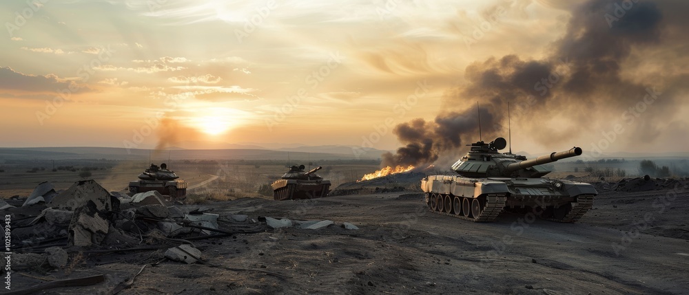 Tanks traverse a barren landscape at sunset, leaving trails of dust and smoke behind, highlighting themes of war, strategy, and movement in a dramatic setting. Tanks traverse a barren landscape at sunset, leaving trails of dust and smoke behind, highlighting themes of war, strategy, and movement in a dramatic setting.