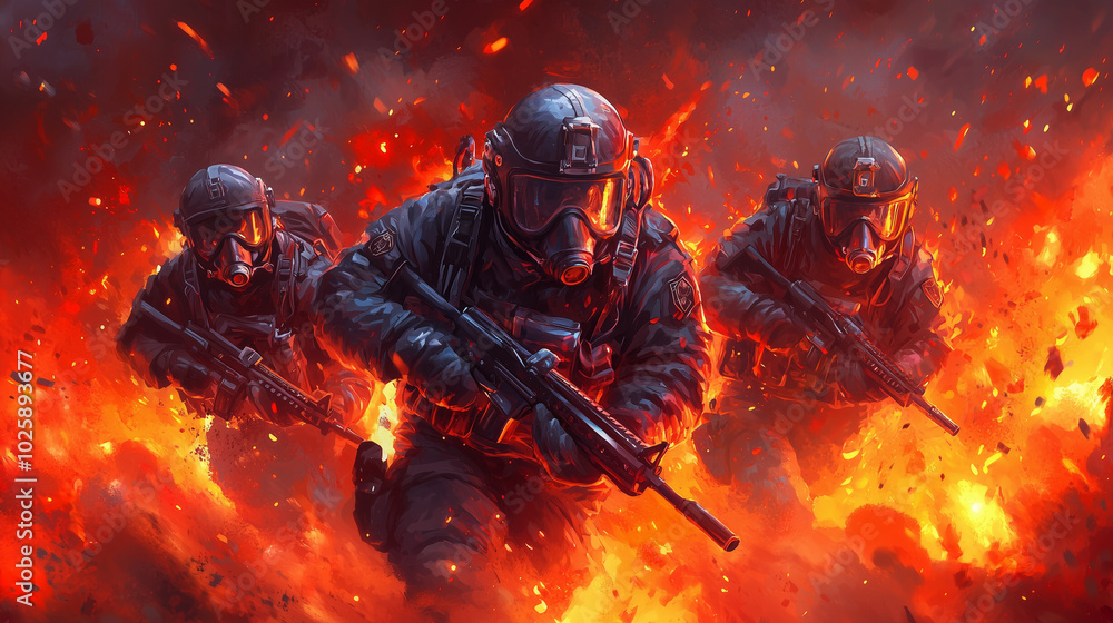 Tactical Soldiers Amidst Fire and Explosions Tactical Soldiers Amidst Fire and Explosions