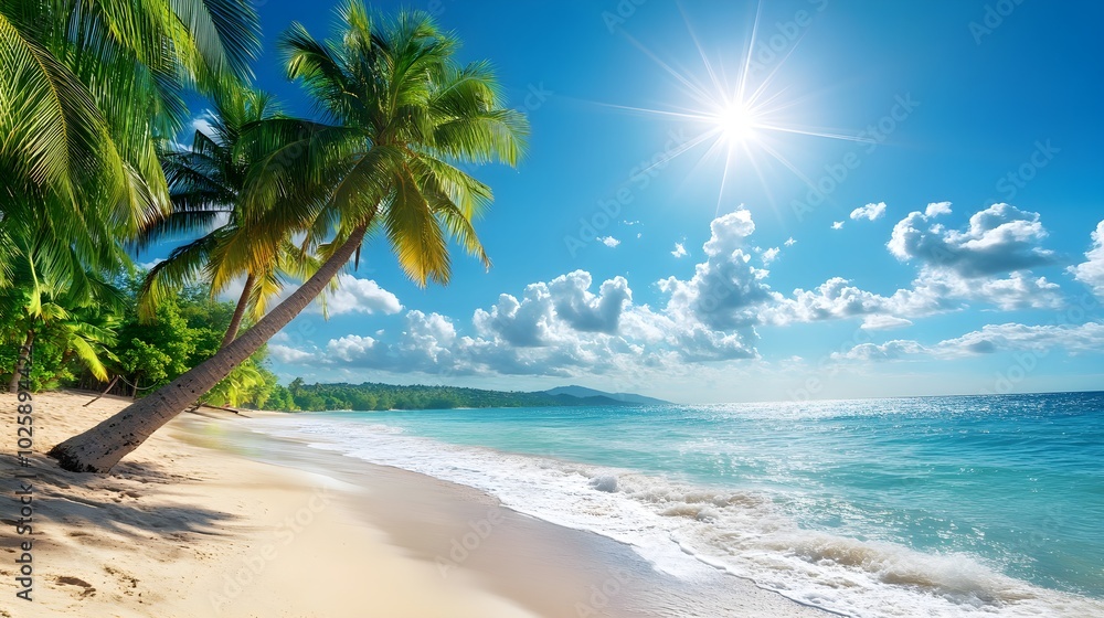 Obraz premium A vibrant scene capturing the essence of summer, featuring the sun shining brightly over a serene palm-lined beach, with clear turquoise waters lapping at the shore and fluffy white clouds scattered 
