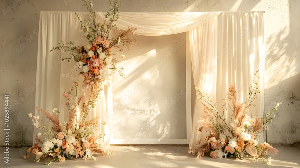 An aesthetic scene showcasing a beautifully understated arch adorned with delicate fabric draping and subtle floral accents, exemplifying minimalist design principles while providing an elegant An aesthetic scene showcasing a beautifully understated arch adorned with delicate fabric draping and subtle floral accents, exemplifying minimalist design principles while providing an elegant