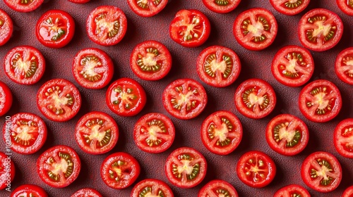 Some tomatoes are whole, while others are sliced to show the juicy interiors