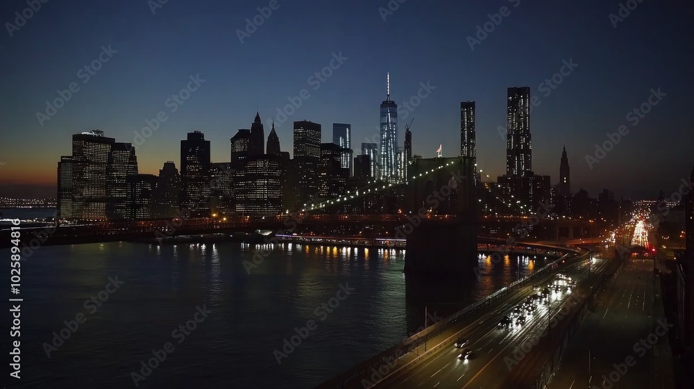 Naklejka premium Night view of the Brooklyn Bridge and Manhattan skyline.