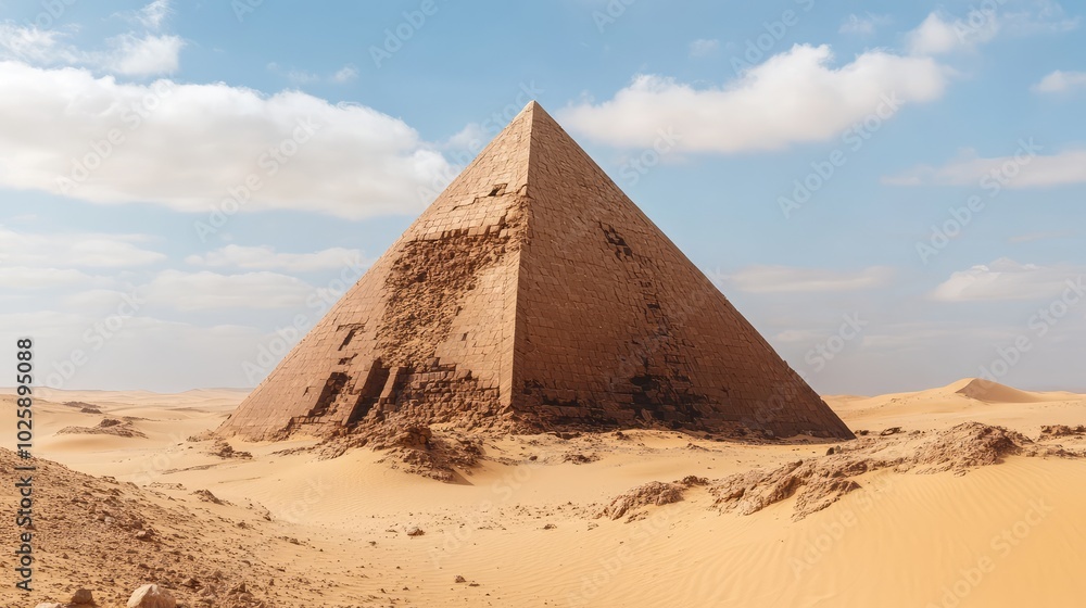 The remains of an ancient pyramid partially buried by desert sands, standing as a relic of a long-lost empire in the barren landscape The remains of an ancient pyramid partially buried by desert sands, standing as a relic of a long-lost empire in the barren landscape