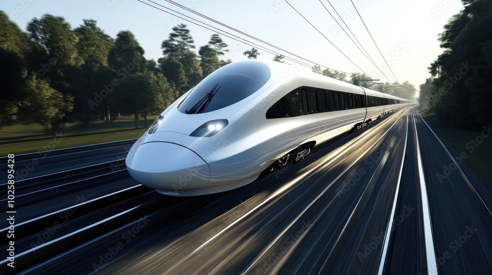A sleek high-speed train traveling on tracks through a lush green landscape. A sleek high-speed train traveling on tracks through a lush green landscape.