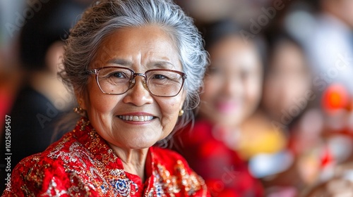 Asian grandmother taking a selfie with her extended family at a birthday celebration Stock Photo with side copy space