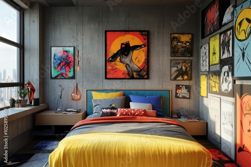 a mockup of art work, dorm room, pop style