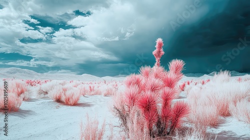 A desert landscape in infrared, with surreal glowing plants and bright white sand set against a dark, dreamlike sky