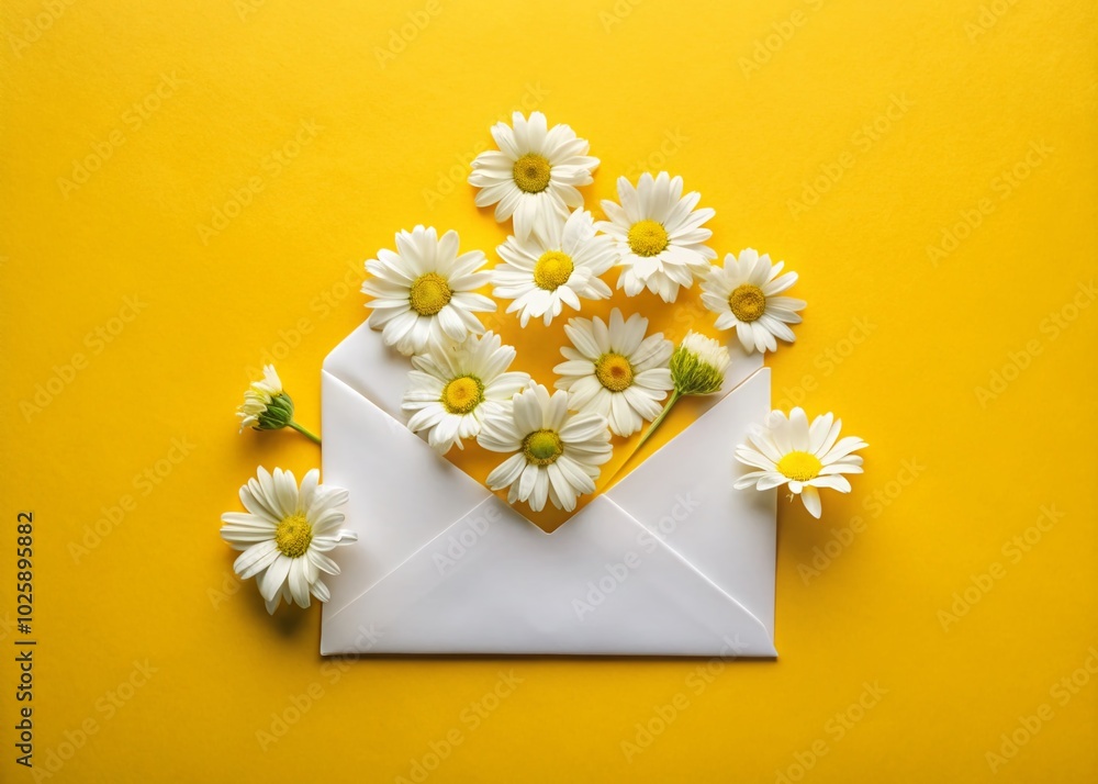 Obraz premium Open White Envelope on Yellow Surface with Daisies for Spring Greeting Cards and Invitations, Fresh and Simple Design
