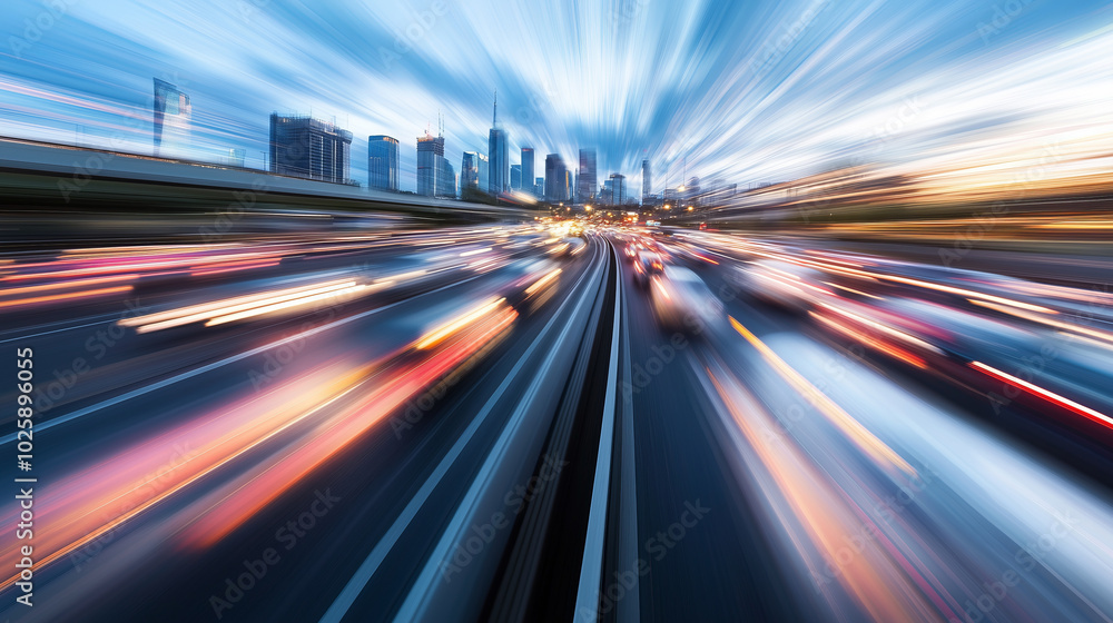 custom made wallpaper toronto digitalCityscape with fast-moving traffic blurred with light trails.