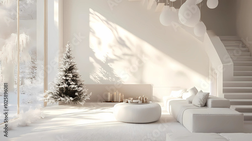 Stylish Christmas scandinavian minimalistic interior with white decor. 