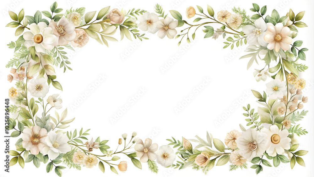 Fototapeta premium Rectangular frame surrounded by white and cream-colored flowers and green leaves. Ideal for invitation, card, wedding, quotes, mock up