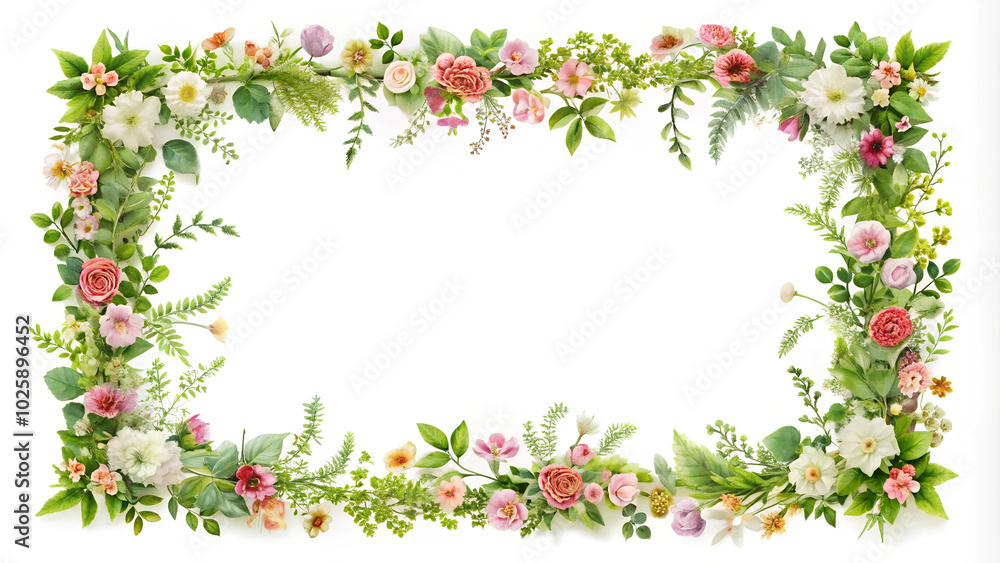 Rectangular frame surrounded by flowers, foliage and leaves. Ideal for invitation, card, wedding, quotes, mock up Rectangular frame surrounded by flowers, foliage and leaves. Ideal for invitation, card, wedding, quotes, mock up