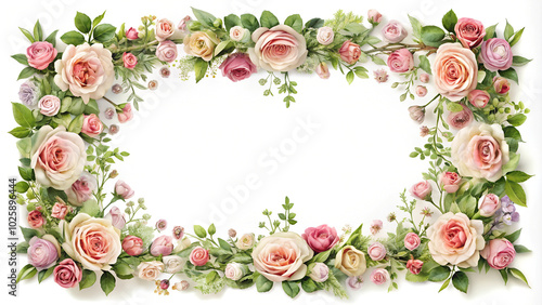 Rectangular frame surrounded by various pink and white roses, freen leaves & flowers. Ideal for invitation, card, wedding, quotes, mock up