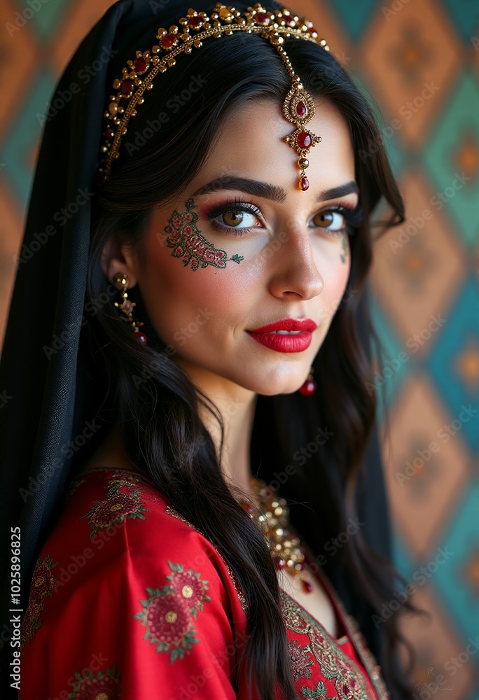 Stunning Representation of an Iranian Princess Adorned with Face Paint, Set Against a Colorful Mosque Tile Background, Celebrating Persian Identity 