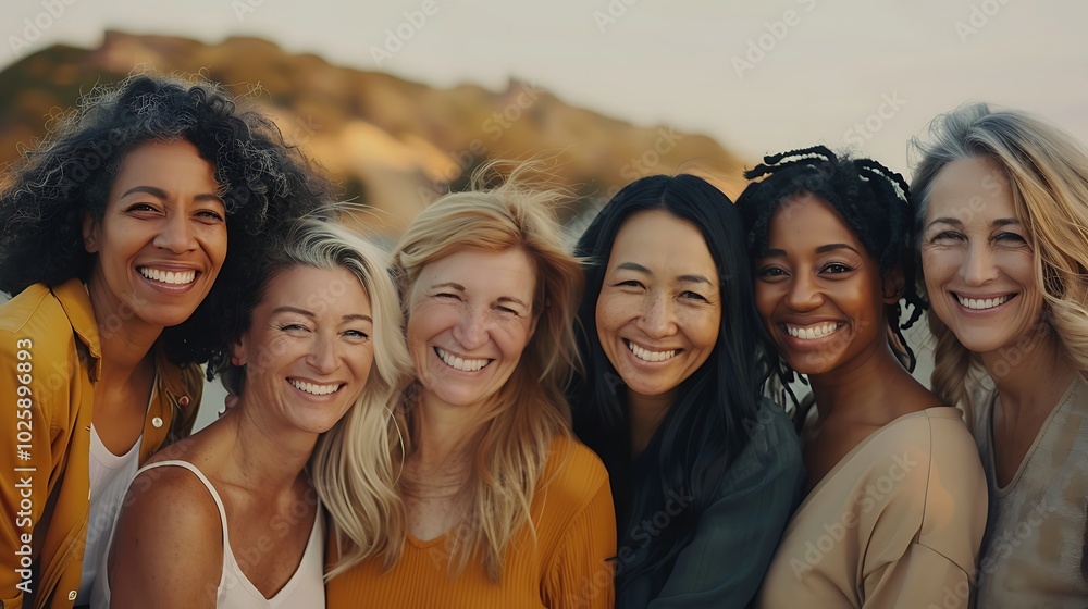 Fototapeta premium Group of Women of Various Ages and Ethnicities Smiling Together, Group Portrait, Diversity, Unity
