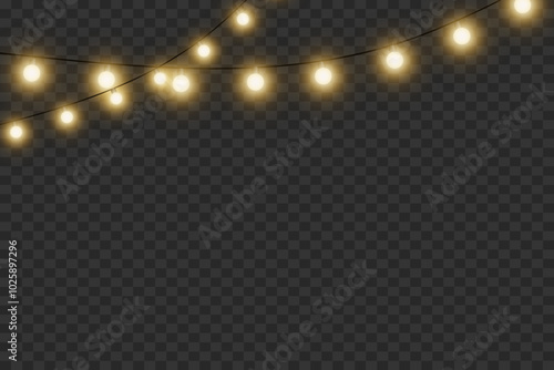 Christmas glowing garland. Light bulb and glare. On a transparent background.