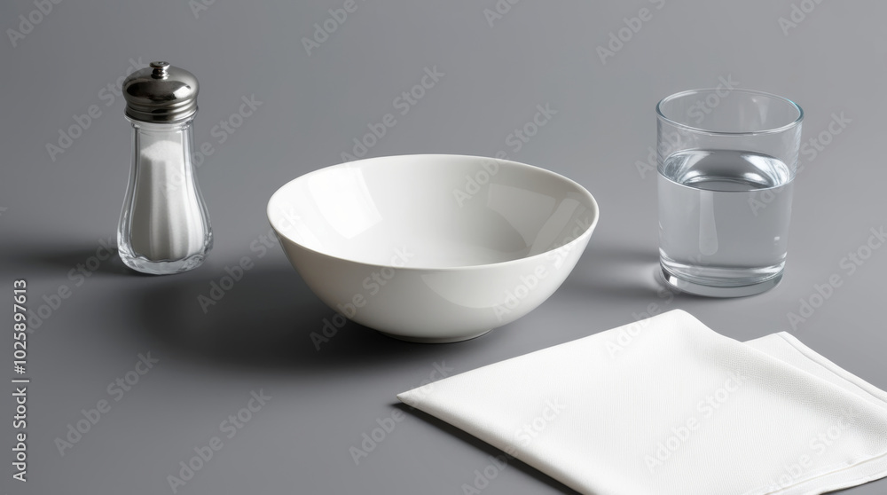 Simple white bowl on a gray background with a salt shaker, glass of water, and white napkin Simple white bowl on a gray background with a salt shaker, glass of water, and white napkin