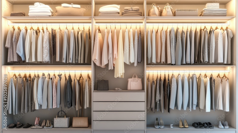 Stylish Organized Closet with Neutral Clothing and Accessories Stylish Organized Closet with Neutral Clothing and Accessories