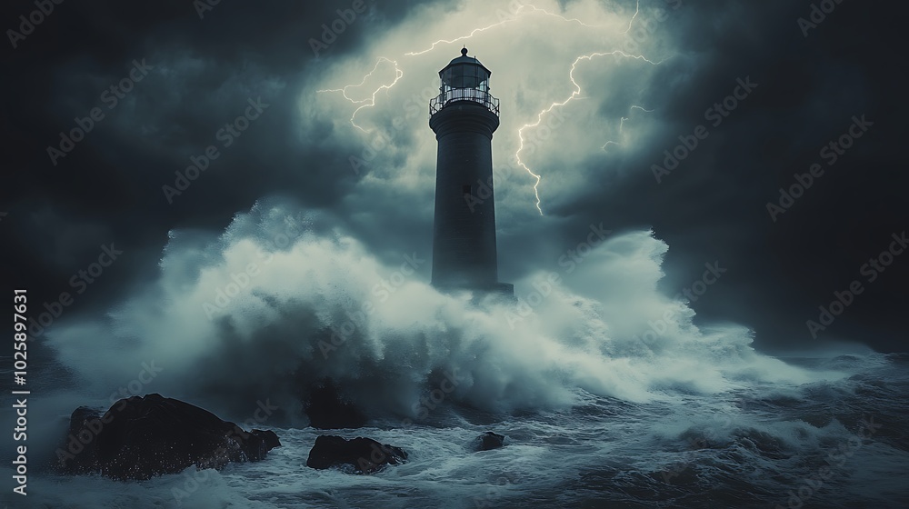 A dramatic scene of a coastal storm surge, with waves crashing against a lighthouse perched on a rocky shore. The sky is dark and foreboding, A dramatic scene of a coastal storm surge, with waves crashing against a lighthouse perched on a rocky shore. The sky is dark and foreboding,