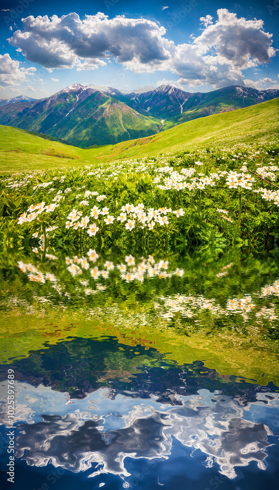 Fields of blooming white flowers in the Caucasus mountains in June.