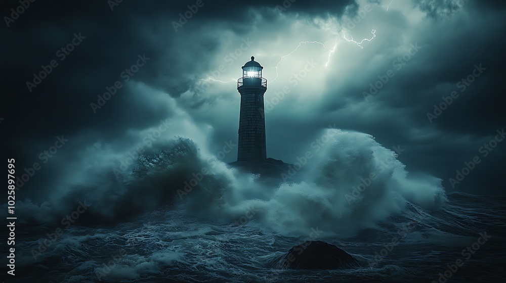 A dramatic scene of a coastal storm surge, with waves crashing against a lighthouse perched on a rocky shore. The sky is dark and foreboding, A dramatic scene of a coastal storm surge, with waves crashing against a lighthouse perched on a rocky shore. The sky is dark and foreboding,