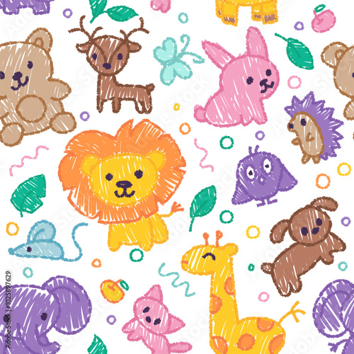 Seamless pattern with crayon children drawing. Vector cartoon doodle illustration with cute animals for textile printing or notebook cover, kindergarten design 