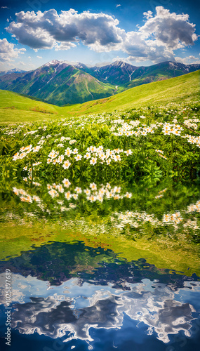Obraz na płótnie Fields of blooming white flowers in the Caucasus mountains in June. w salonie