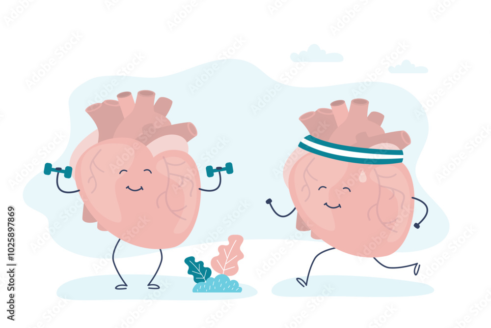 Strong heart jogging and bodybuilding with dumbbells. Healthy food and sport for strong heart. Cute character human heart, funny mascot. Strong heart jogging and bodybuilding with dumbbells. Healthy food and sport for strong heart. Cute character human heart, funny mascot.