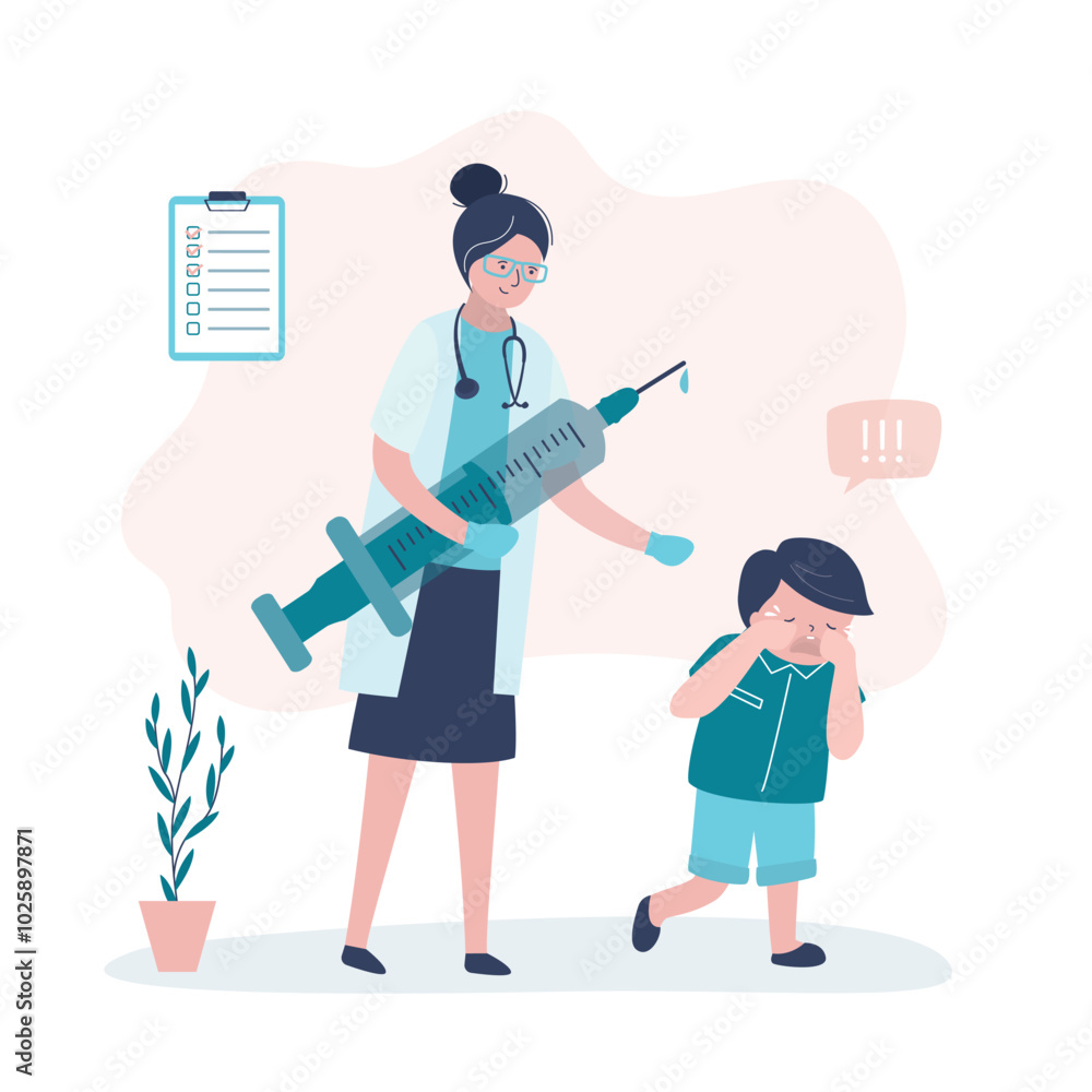 Doctor pediatrician holding syringe. Unhappy child is afraid of injections and syringes. Boy cry before injection. Kid afraid of doctors and clinics. Hospital pain. Doctor pediatrician holding syringe. Unhappy child is afraid of injections and syringes. Boy cry before injection. Kid afraid of doctors and clinics. Hospital pain.