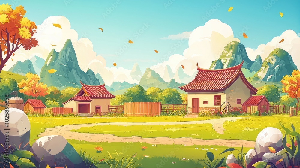 Picturesque Asian Village Landscape with Mountains and Red Roofed Houses Picturesque Asian Village Landscape with Mountains and Red Roofed Houses