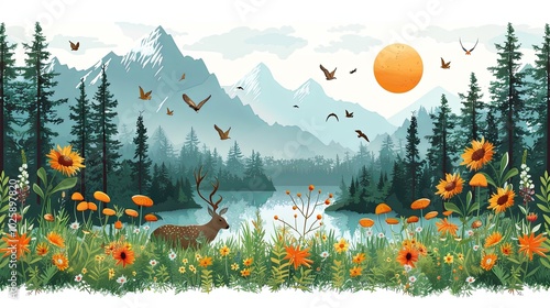 Forest animals in wild nature on meadow with flowers and mushrooms. Vector natural landscape with mountain lake, trees and bushes. Biodiversity of flora and fauna in woods. Wildlife in woodland
