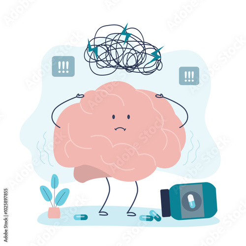 Confused, anxious and stressed brain. Сharacter with nervous problem feels anxiety and confusion. Concept of mental disorder and chaos in consciousness.