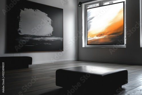 2 posters on a wall and a front big tv screen, minimalist, light 