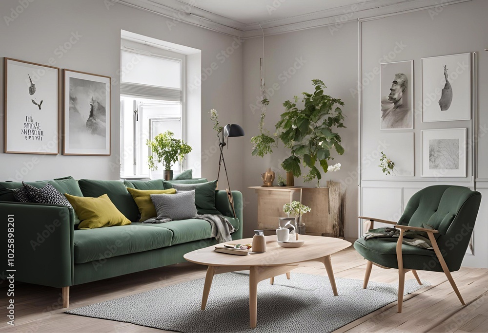 Fototapeta premium White living room with wooden furniture, green sofa with picture frames and beautiful decorative plants.