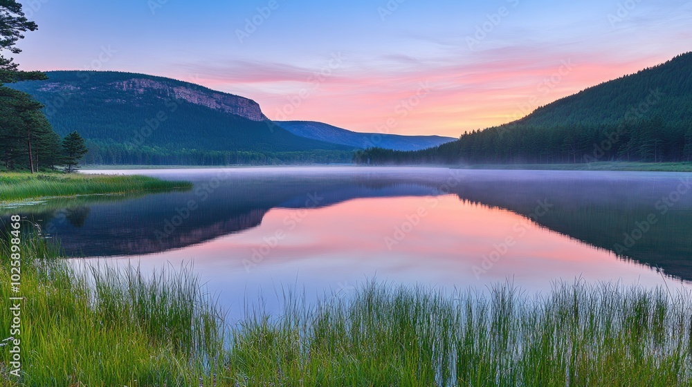 Tranquil Lake at Dawn with Mist and Colorful Sky Tranquil Lake at Dawn with Mist and Colorful Sky