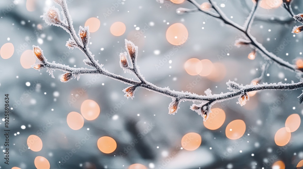 Frosty Branch with Delicate Buds and Soft Background Frosty Branch with Delicate Buds and Soft Background